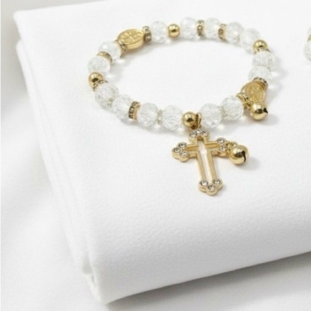 Gold Cross‎ Charm Beaded Bracelet in Clear Crystal